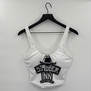 Stagger Inn Country Bar Graphic Crop Tank Top Womens Medium White Built In Bra